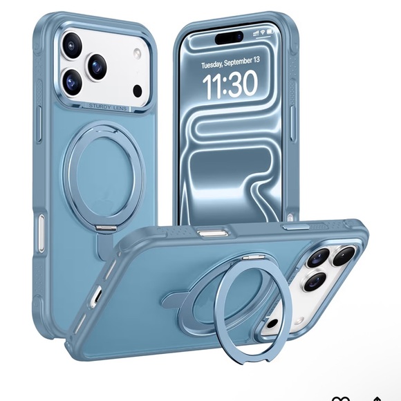 Temdan Other - iPhone 17 pro max Light Blue Phone Case with Rotatable Ring Stand